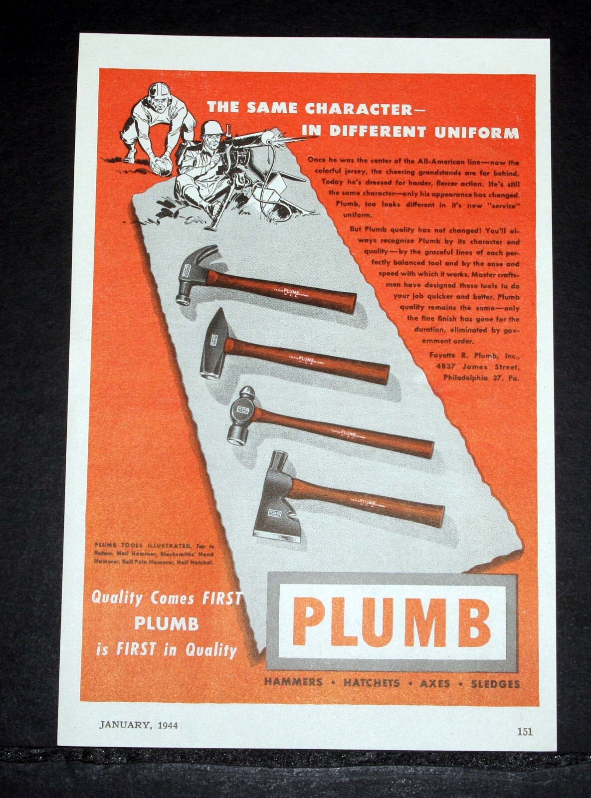 1944 OLD MAGAZINE PRINT AD, PLUMB HAMMERS AND HATCHETS, QUALITY COMES FIRST