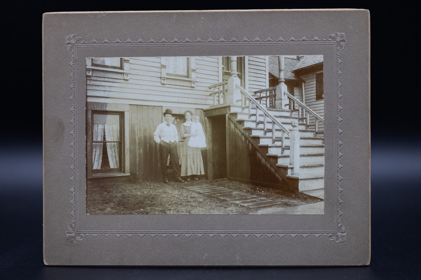 Antique Mounted Photo Family Exterior Victorian Home Bowler Hat Baby c 1905 Antique Mounted Photo Family Exterior Victorian Home Bowler Hat Baby c 1905