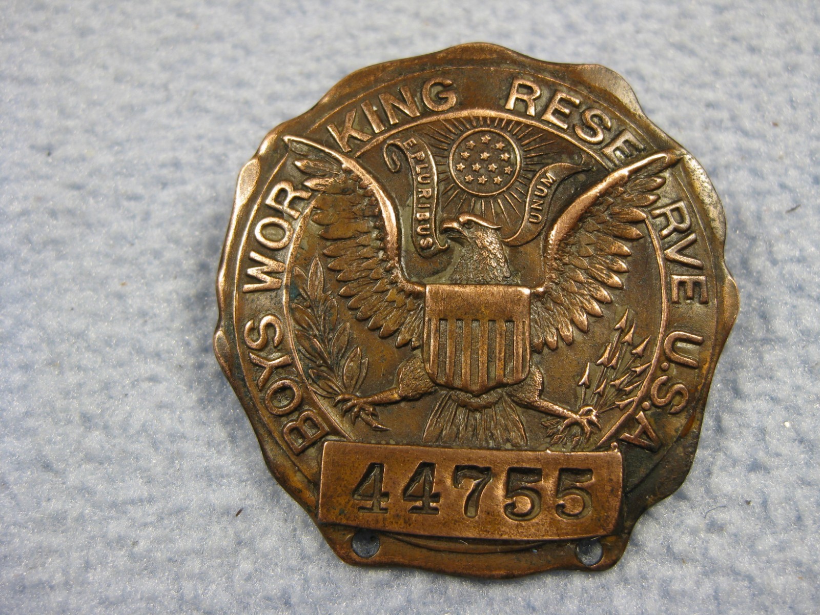 Nice Antique WW1 Bronze *Boys Working Reserve U.S.A.* Numbered Badge # 44755 Nice Antique WW1 Bronze *Boys Working Reserve U.S.A.* Numbered Badge # 44755