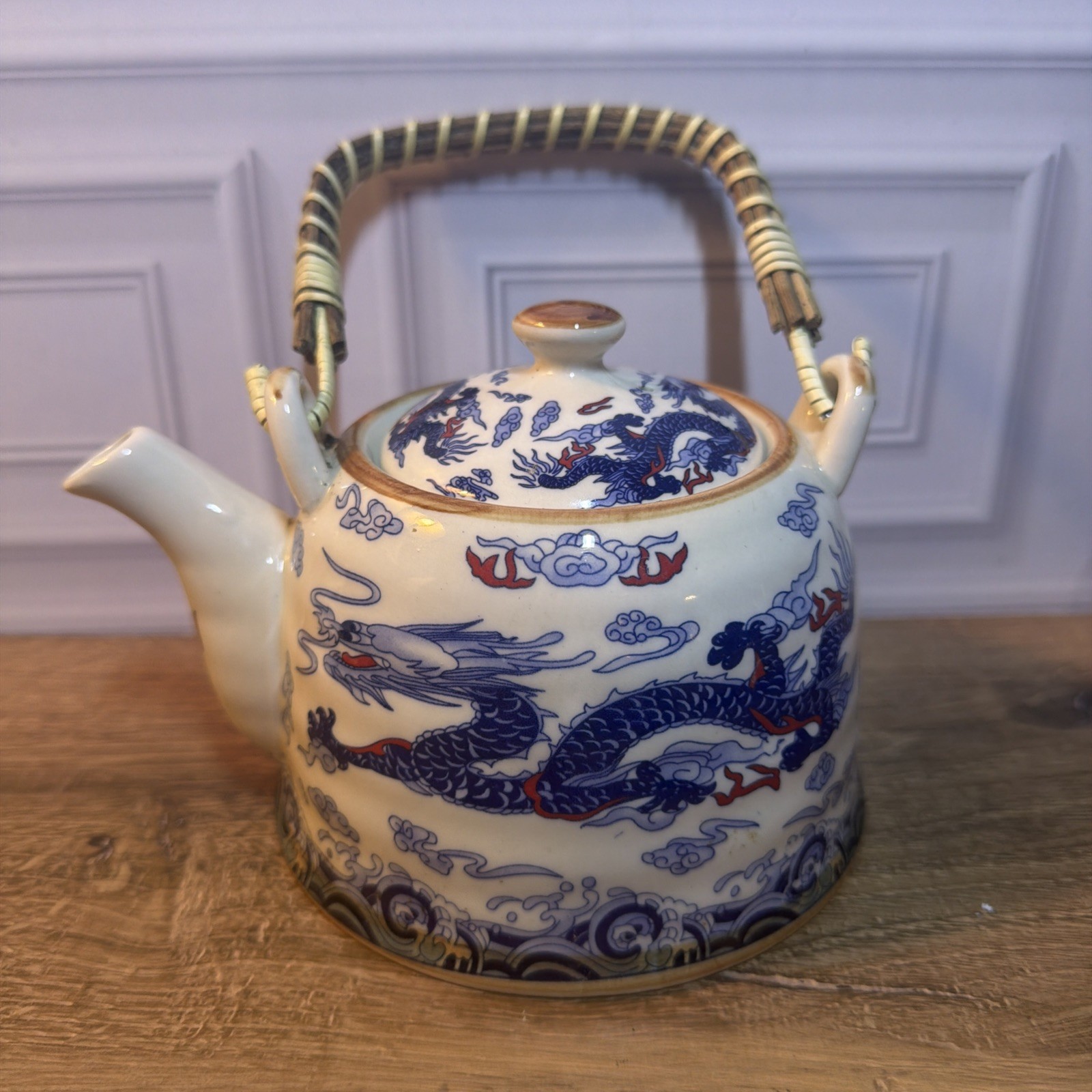 Vintage Chinese Blue White Porcelain Dragon Teapot Rattan Over Top Handle Vintage Chinese Blue White Porcelain Dragon Teapot Rattan Over Top Handle