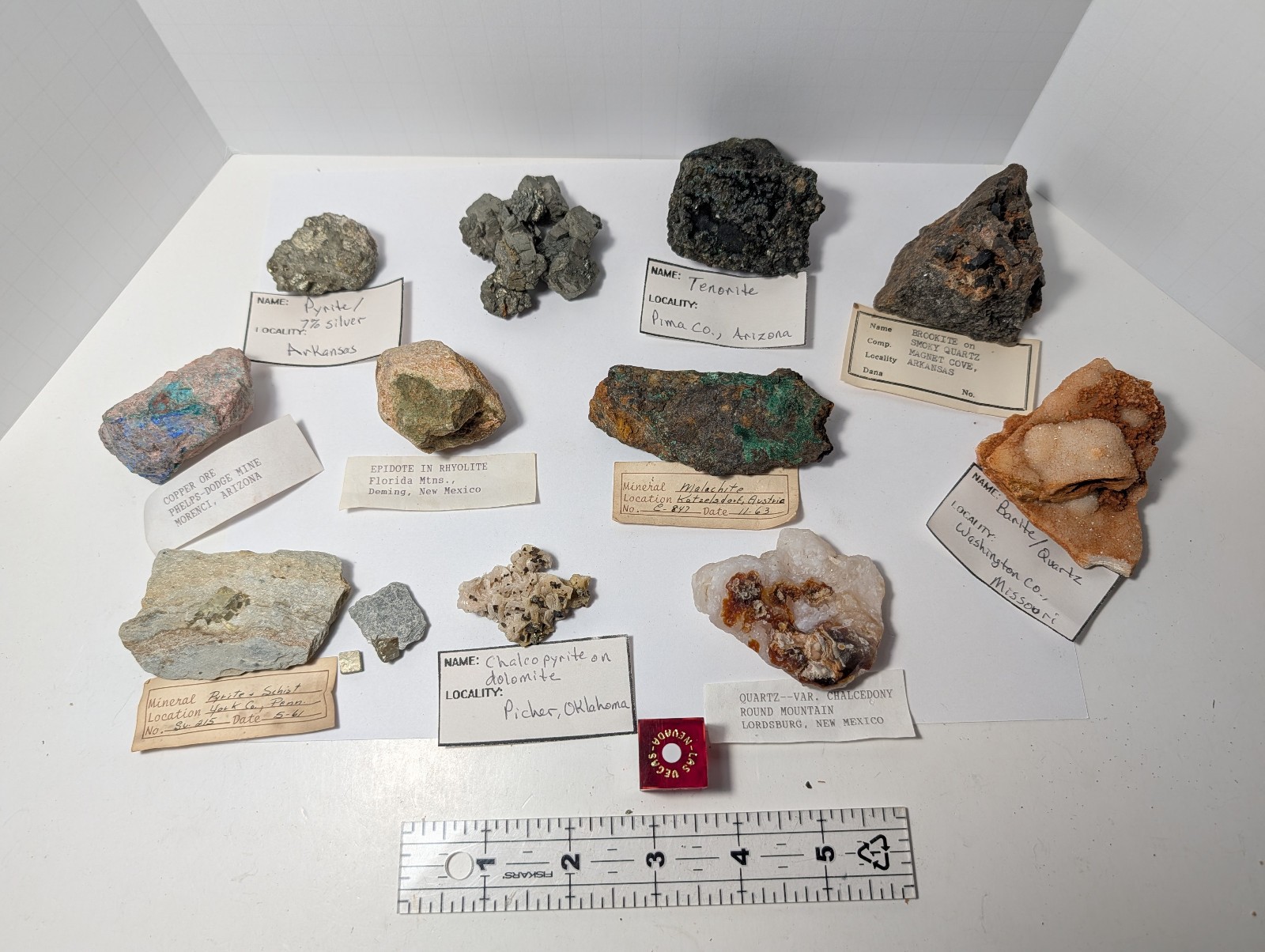 Vintage Mineral Specimen Lot 11pc Brookite Malachite Tri State Picher OK Ore Tag