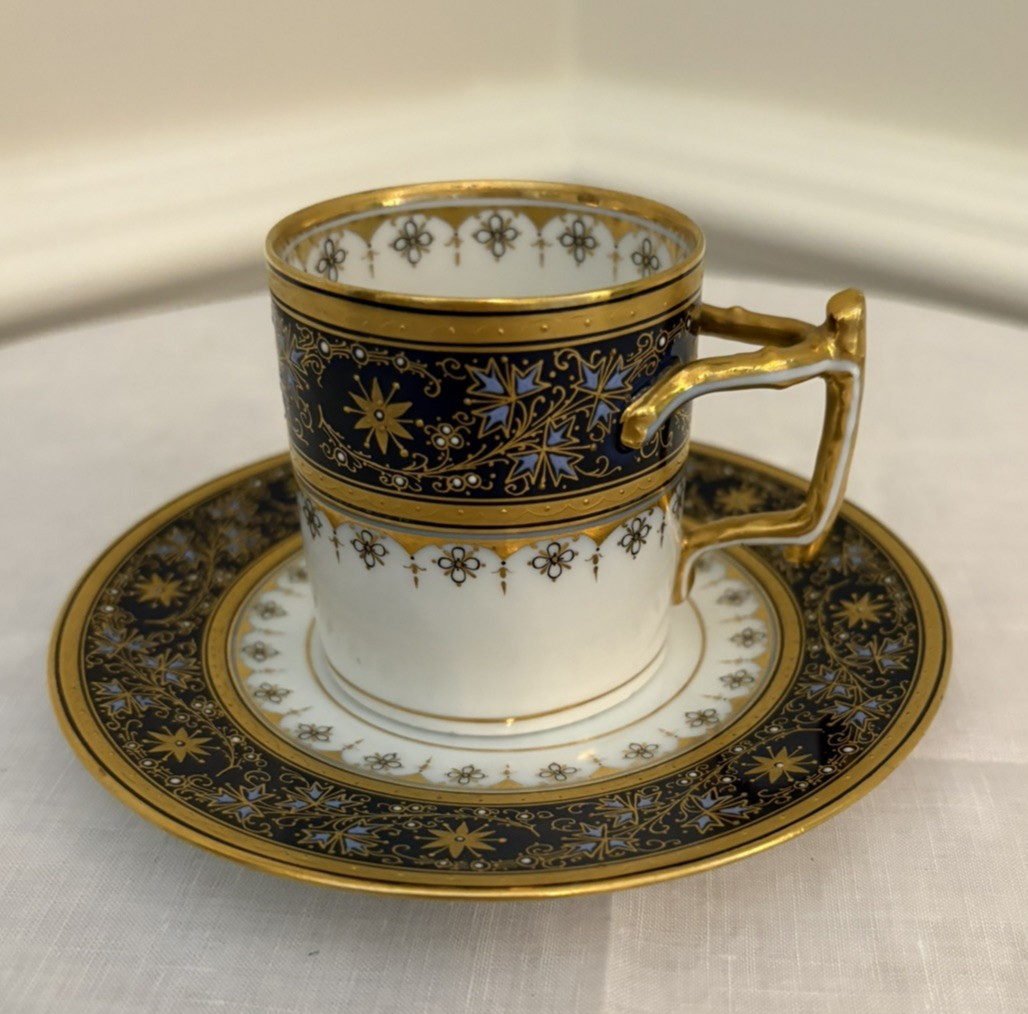 Antique Davis Collamore New York Cup Saucer Cobalt Gold Twig Handle
