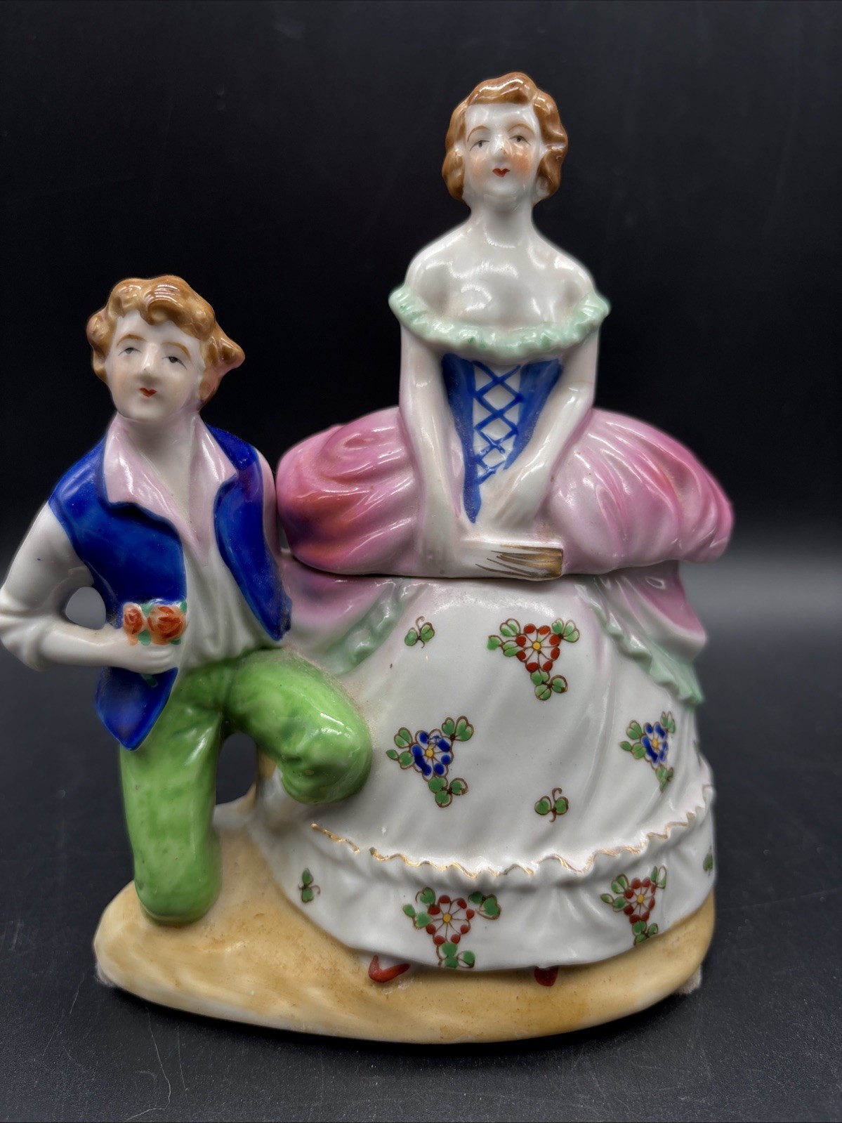 Vtg Porcelain Trinket Box Japan Mid-cent Handpaint Victorian Couple Lidded READ