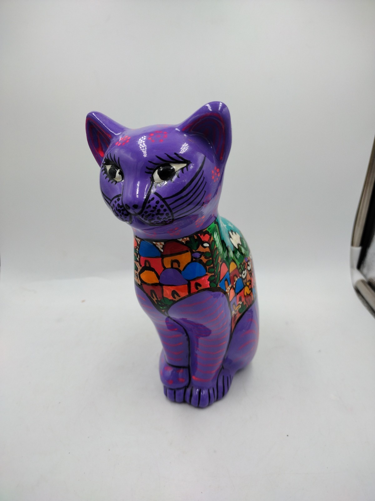 Walt Disney World Folk Art Cat Figurine Purple Mexican Southwestern Pottery EUC