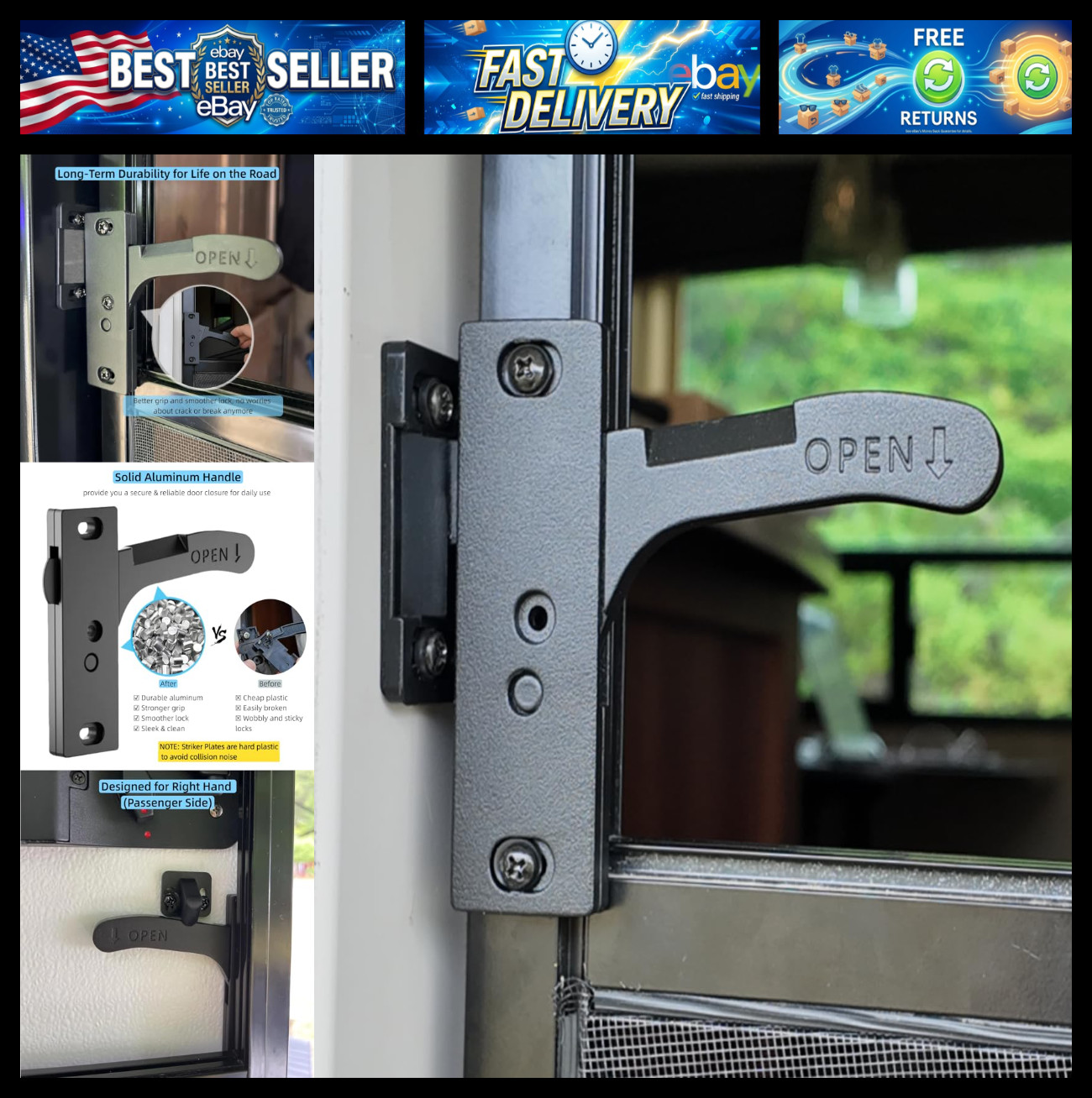 Aluminum RV Screen Door Latch Handle Replacement for Right Hand