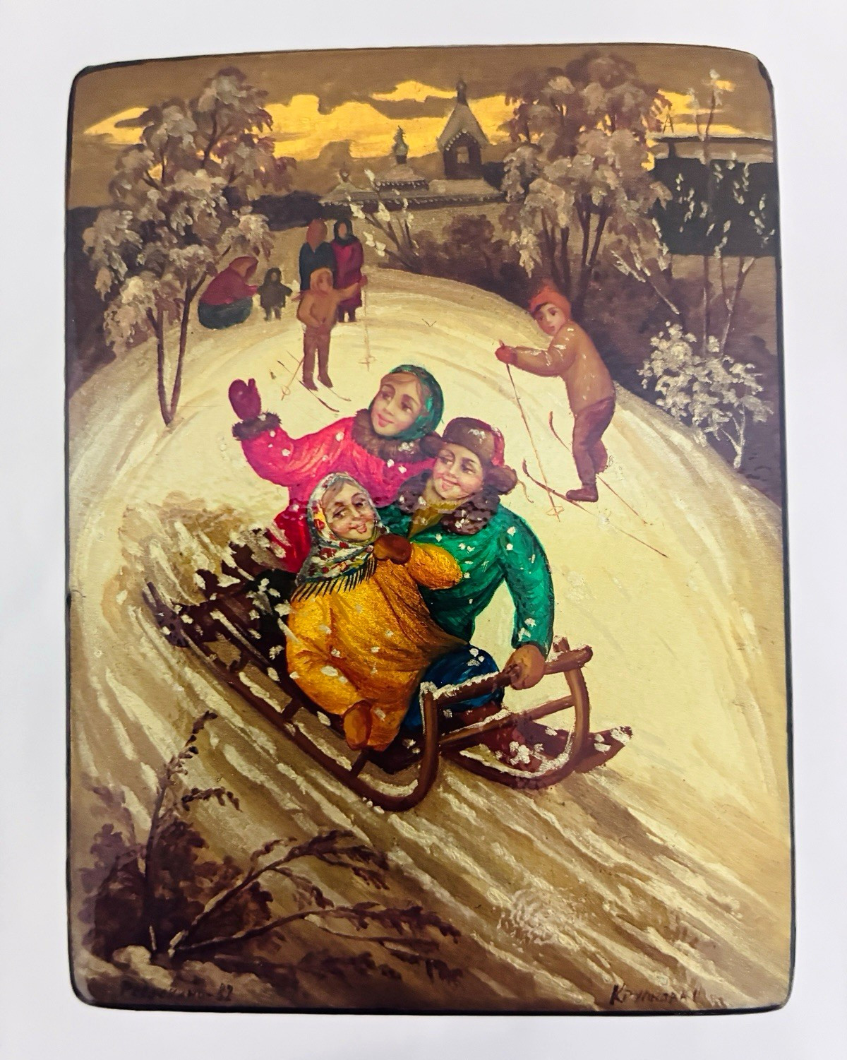 Hand-Painted Russian Lacquered Wooden Hinged Trinket Box Winter Sled Scene 1982