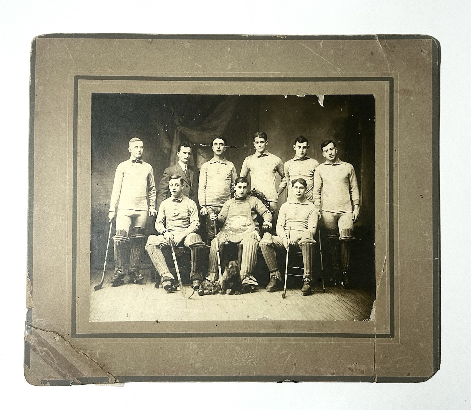 Vintage Late 19th-Early 20th Century Hockey Team w/Dog Photo Photograph 12x14