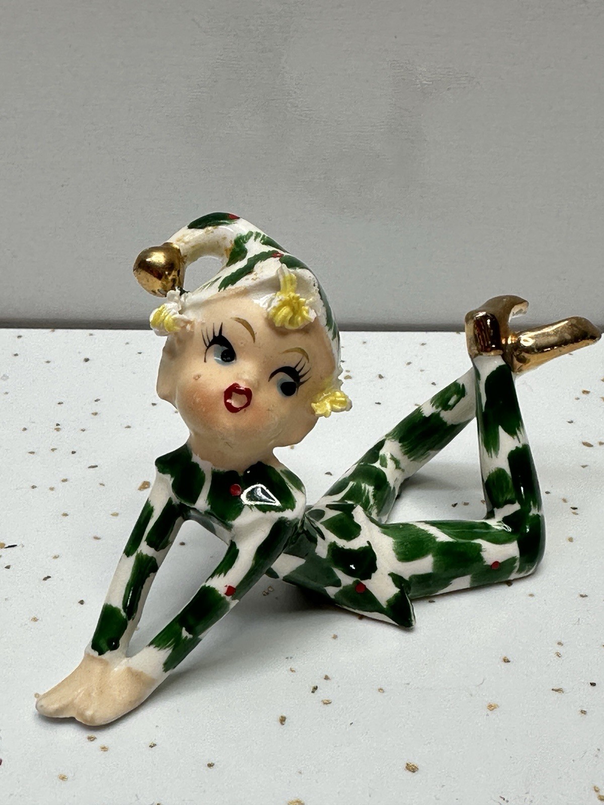 Vintage Lefton Japan Holly Elf Pixie Girl Green Figurine Spaghetti Hair Vintage Lefton Japan Holly Elf Pixie Girl Green Figurine Spaghetti Hair
