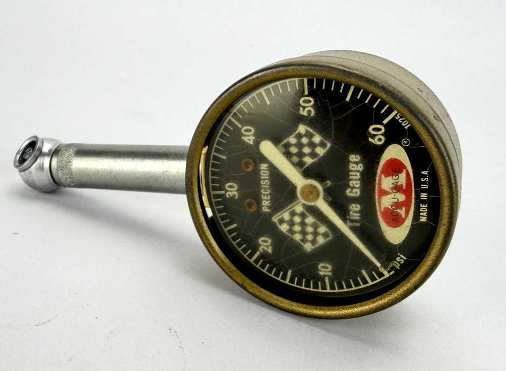 VTG Meiser Accu Gage Tire Pressure Gauge 60 PSI Hotrod Sears Racing Flags USA