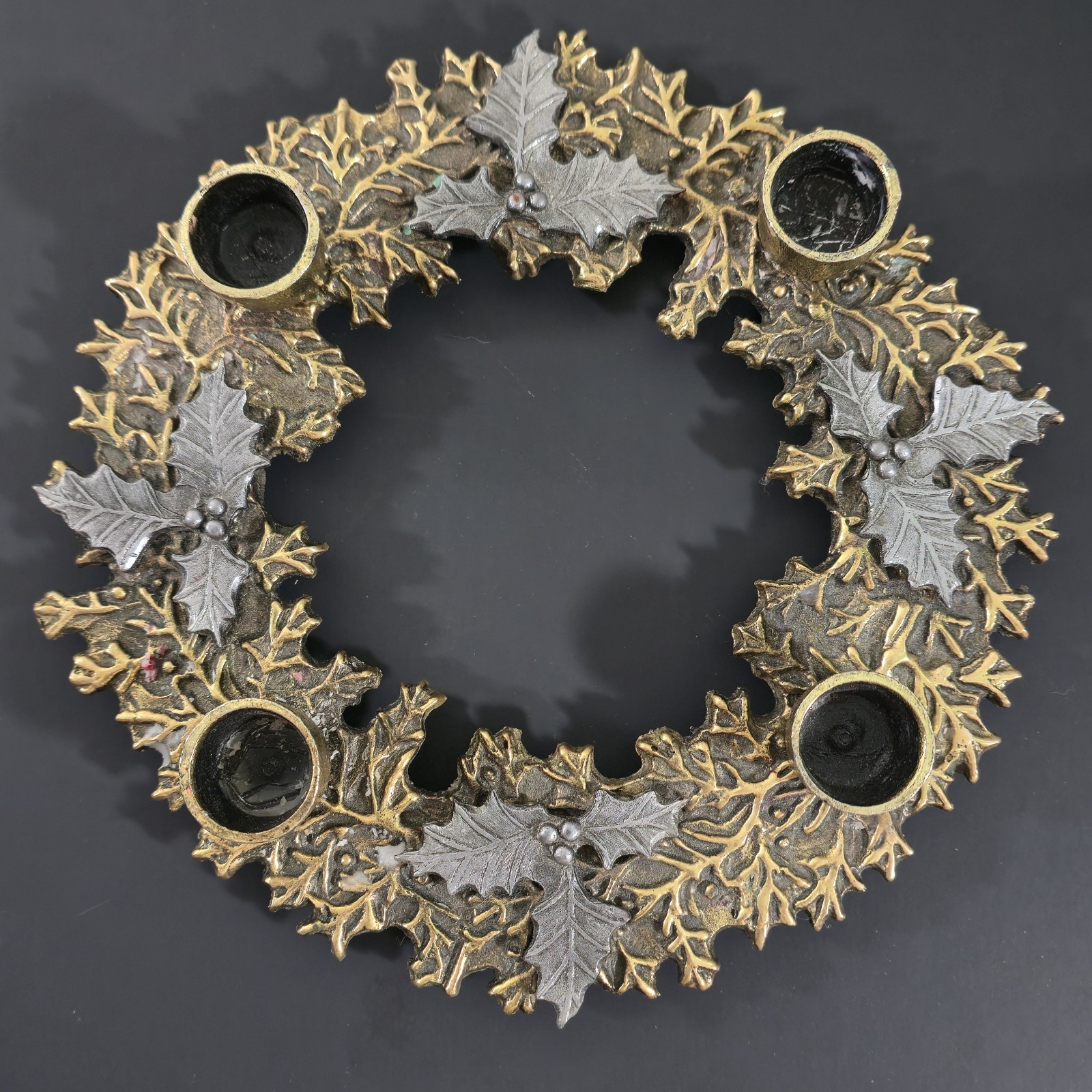 Vintage Metzke Brass & Pewter Holly Wreath Christmas Advent Candle Holder 7.75