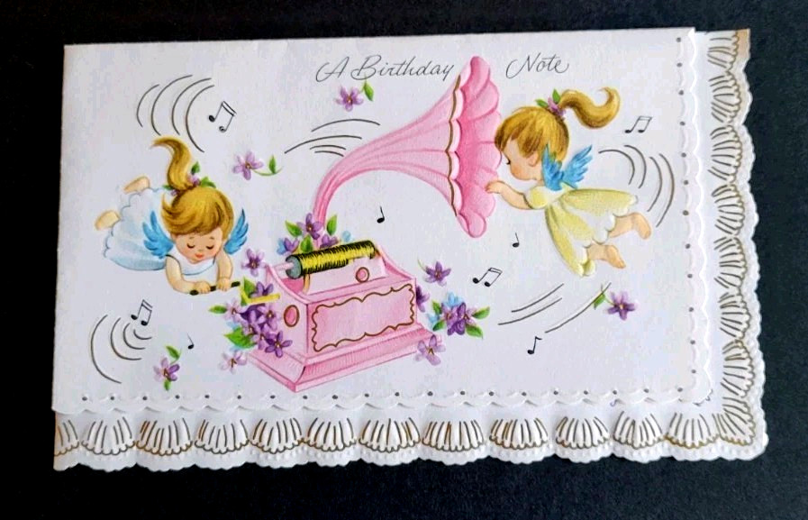 Vintage Birthday Card Angels Playing with Old Musical Victrola Vintage Birthday Card Angels Playing with Old Musical Victrola