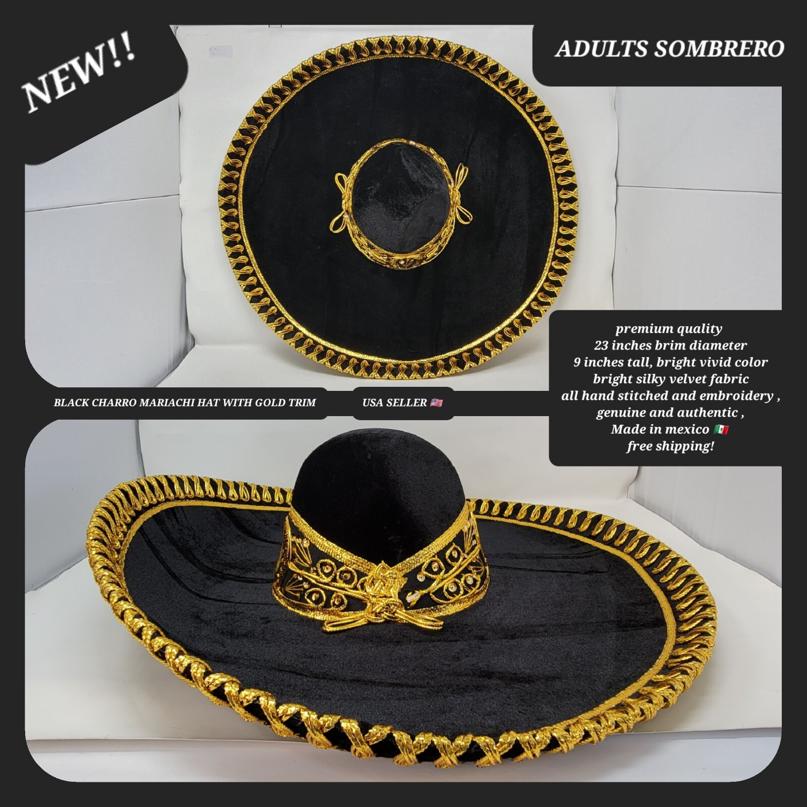 BLACK with gold trim adults plain  sombrero charro mariachi hat for fiestas