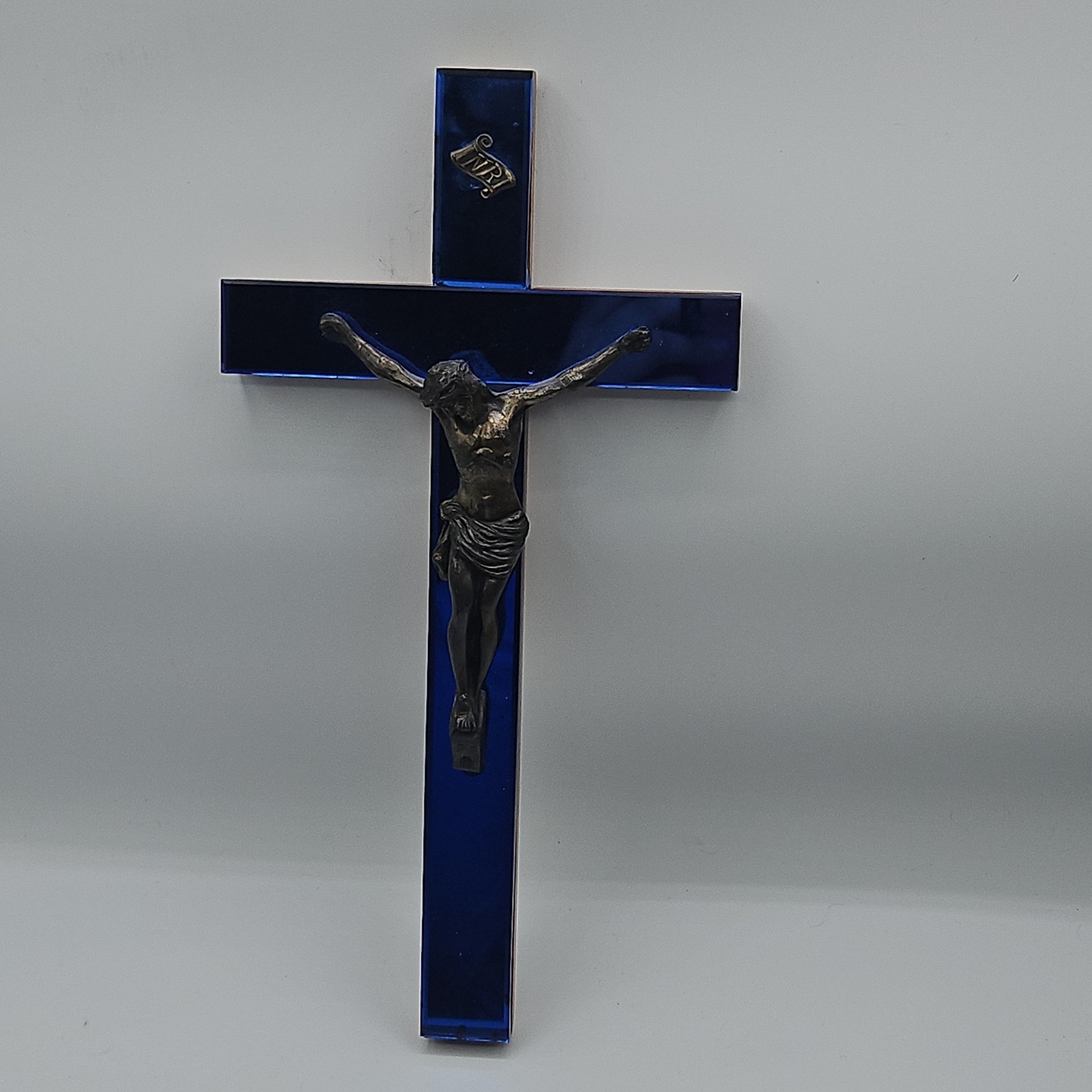 Art Deco 1930\'s Cobalt Blue Mirror Crucifix 8\'\'