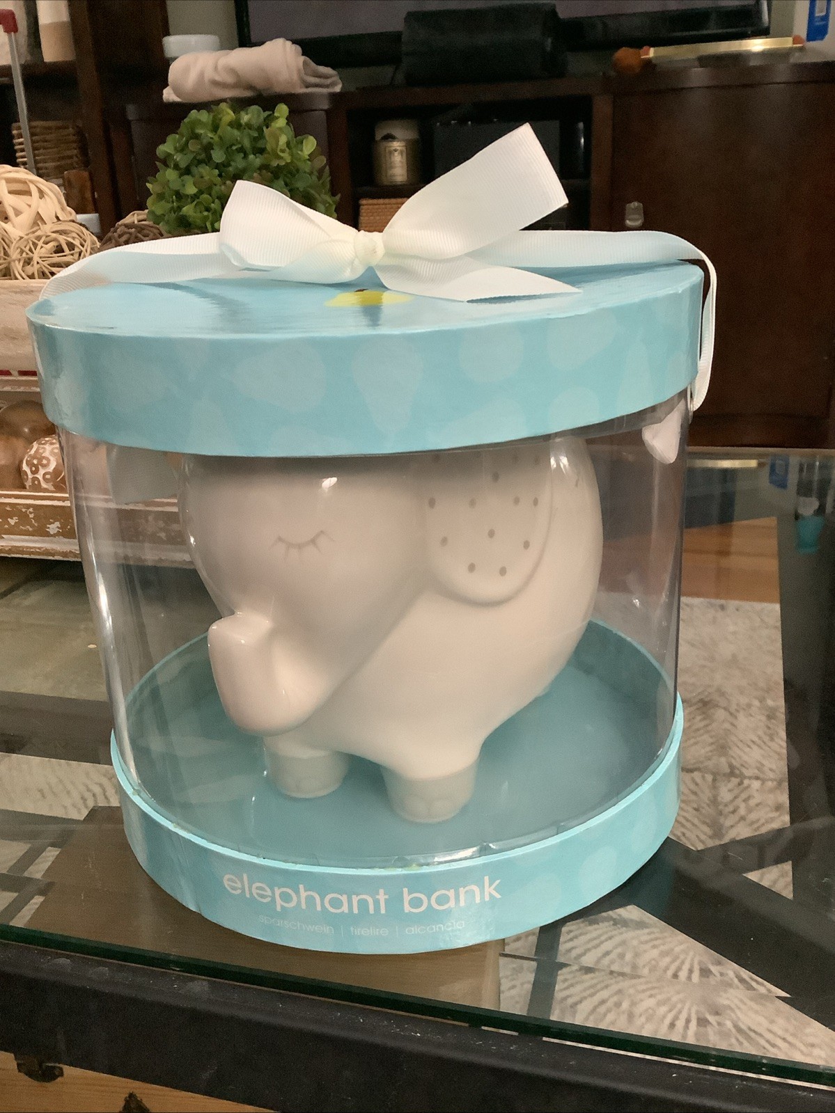 Pearhead Elephant Bank, WHITE W/Gray Dots, Ceramic, 8\