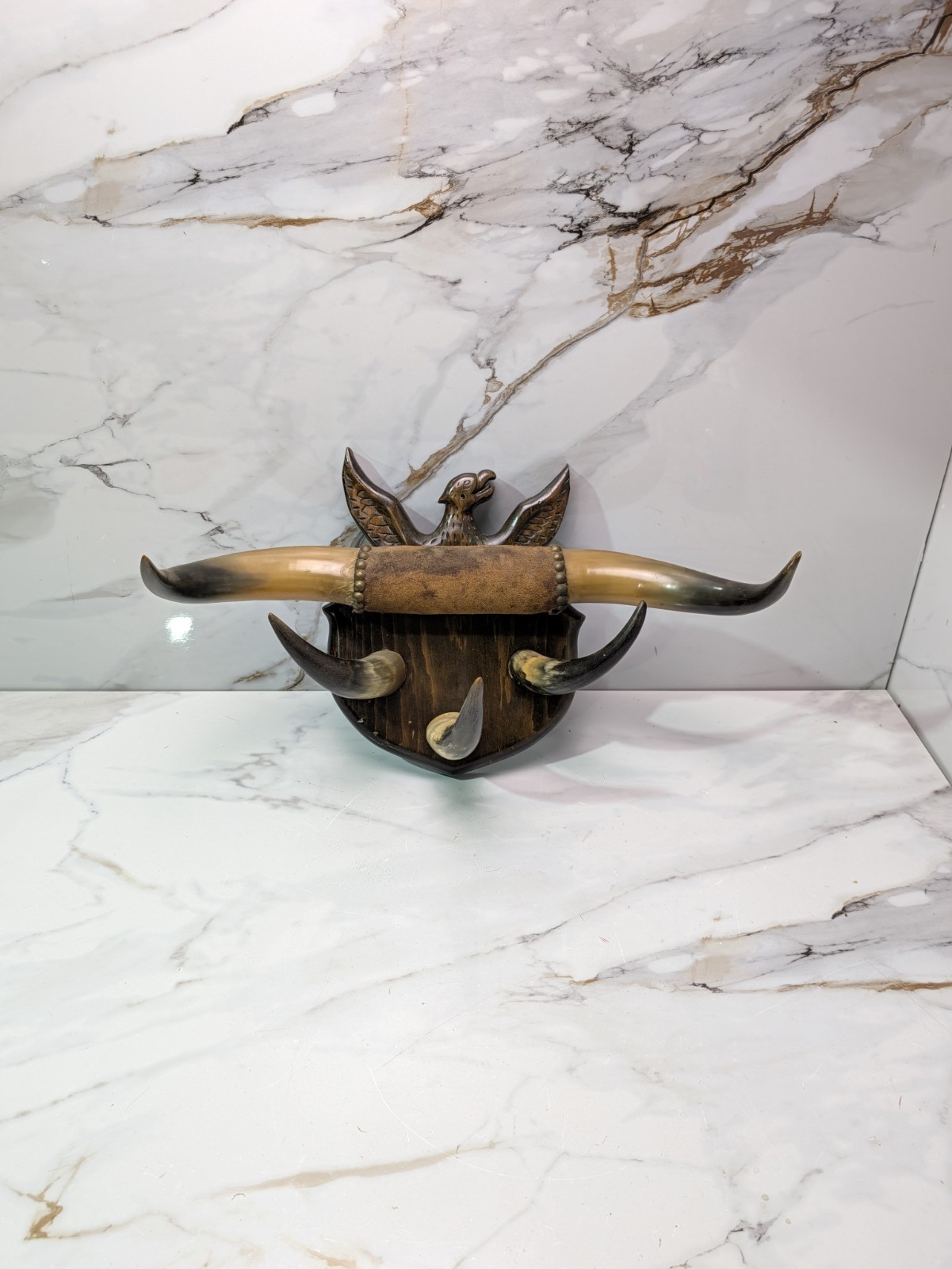 Vintage Steer Bull Horn Hat Coat Rack Western Folk Art Wall Mount Eagle Shield