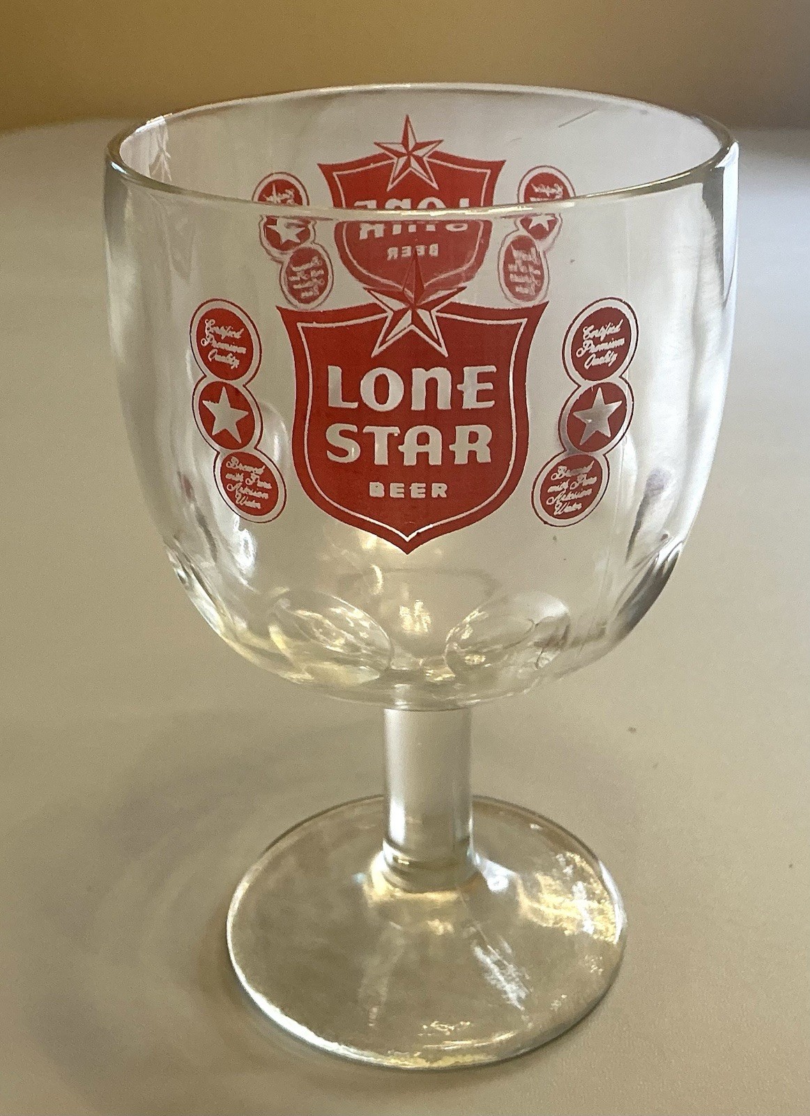 Lone Star Beer Thumbprint Stemmed Goblet Schooner Red Logo Surrounded By Slogans