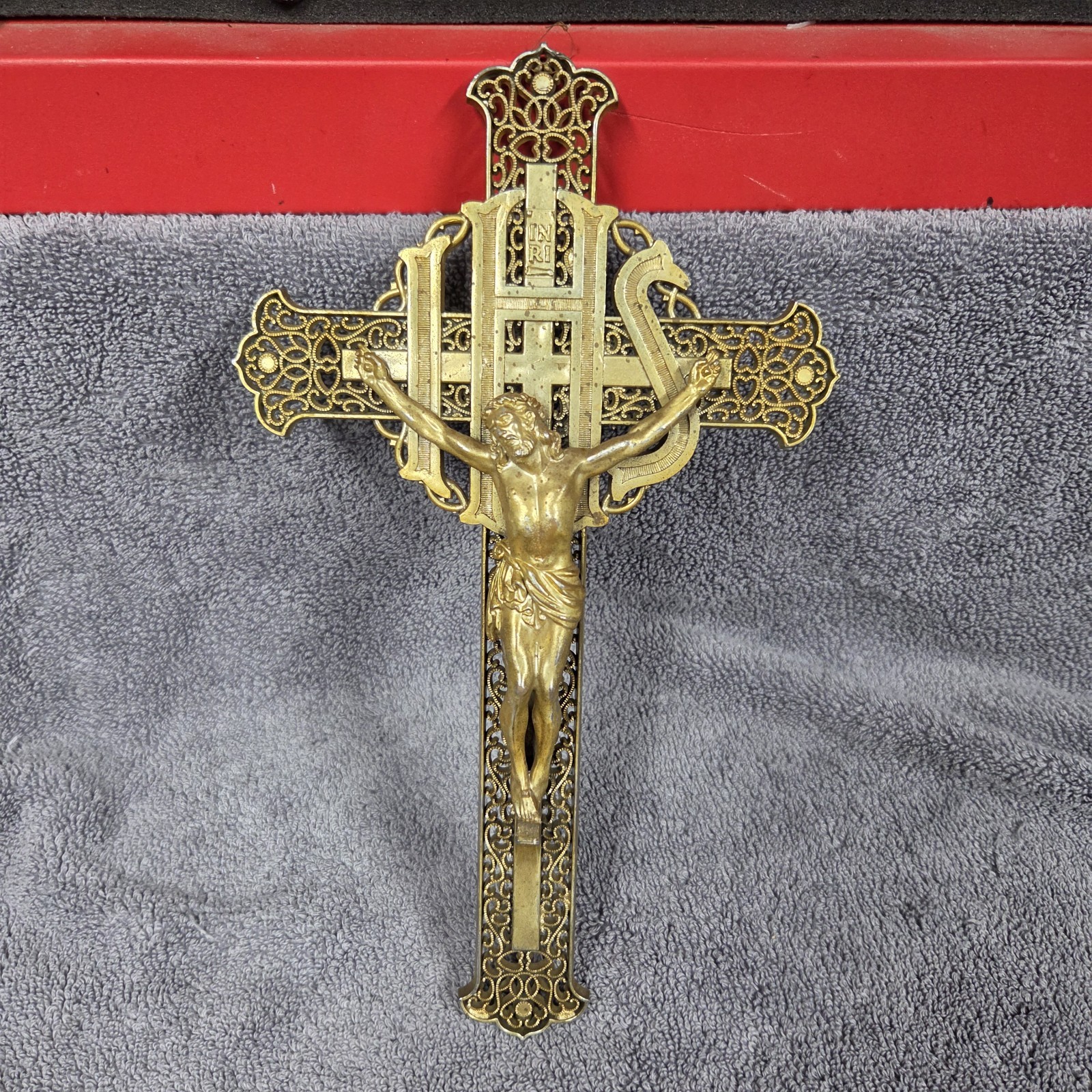 Old Plastic Gold Crucifix 12in Tall Vintage INRI IHS
