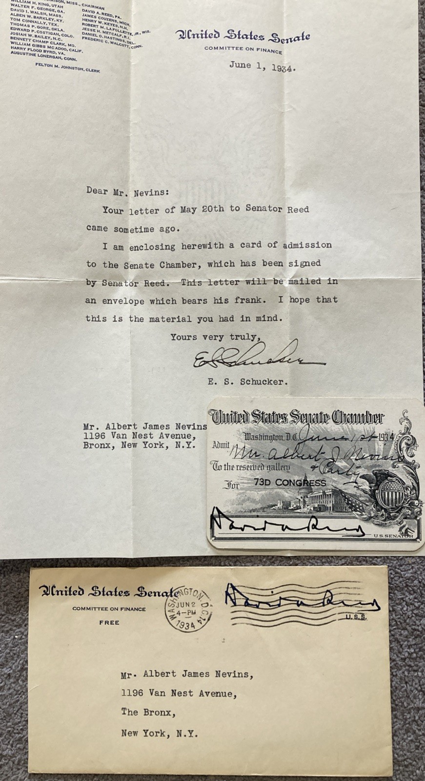 1934 US Senate Chamber Pass + Cover + Letter Signed David Reed Pennsylvania