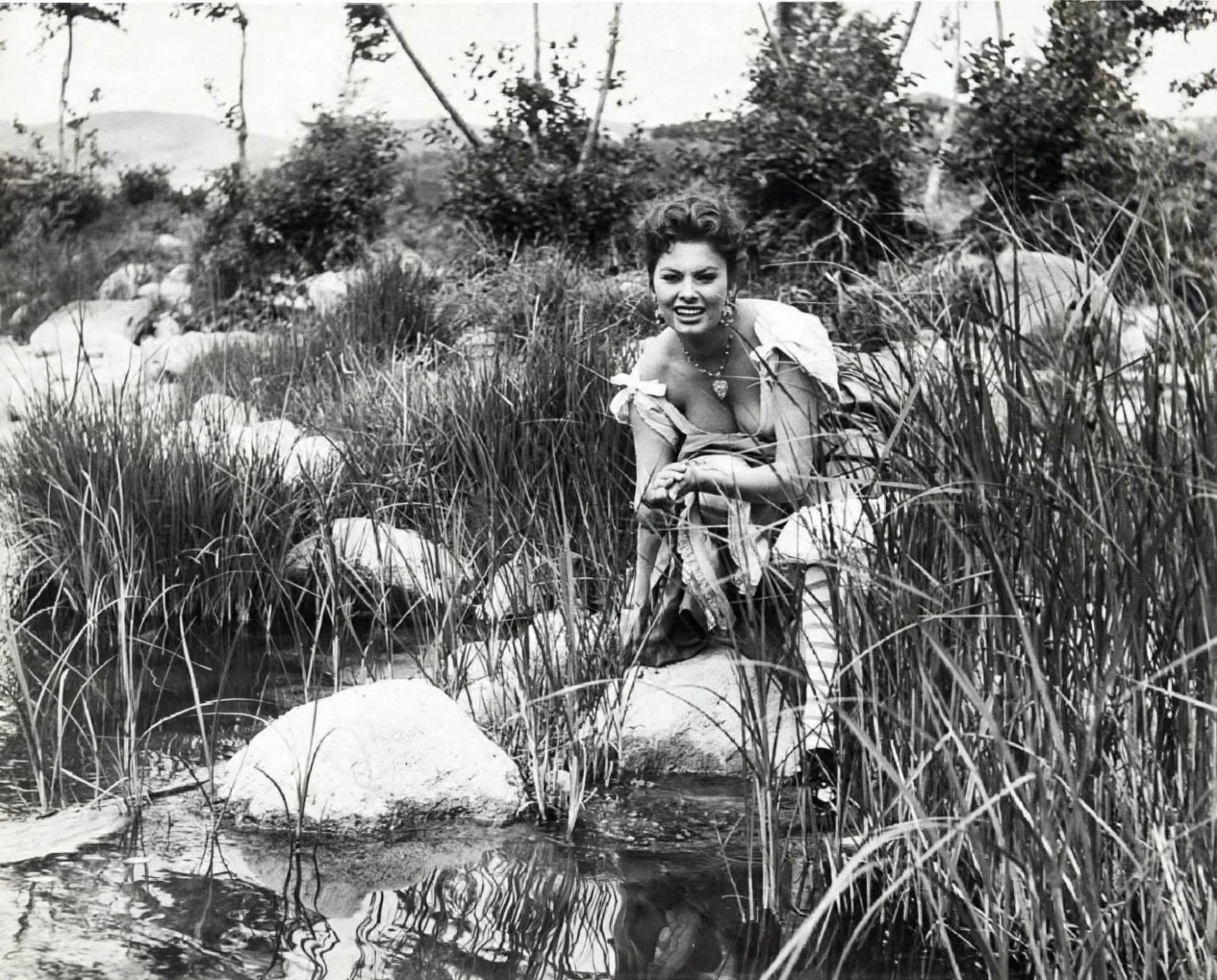 Sophia Loren Photograph Circa 1954 River Rods Stone Rocks Vintage Black and White