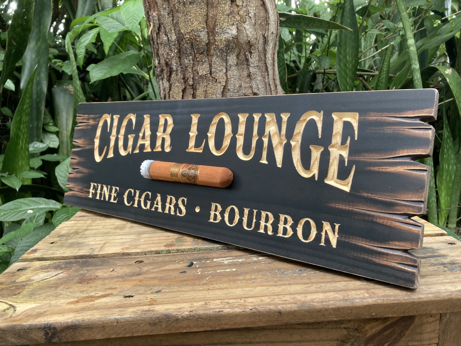 Cigar Lounge Whiskey Bar Bourbon Wood Sign Carved Rustic Tavern Antique Look Cigar Lounge Whiskey Bar Bourbon Wood Sign Carved Rustic Tavern Antique Look