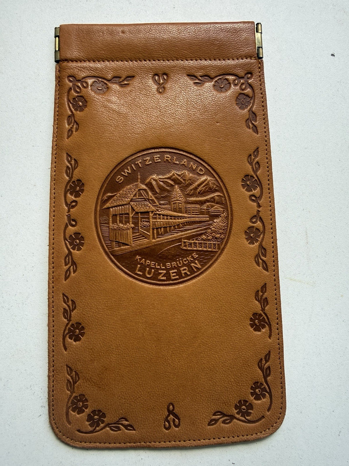 Vintage Switzerland Luzern Kapellbrucke Leather Souvenir Case Embossed Swiss