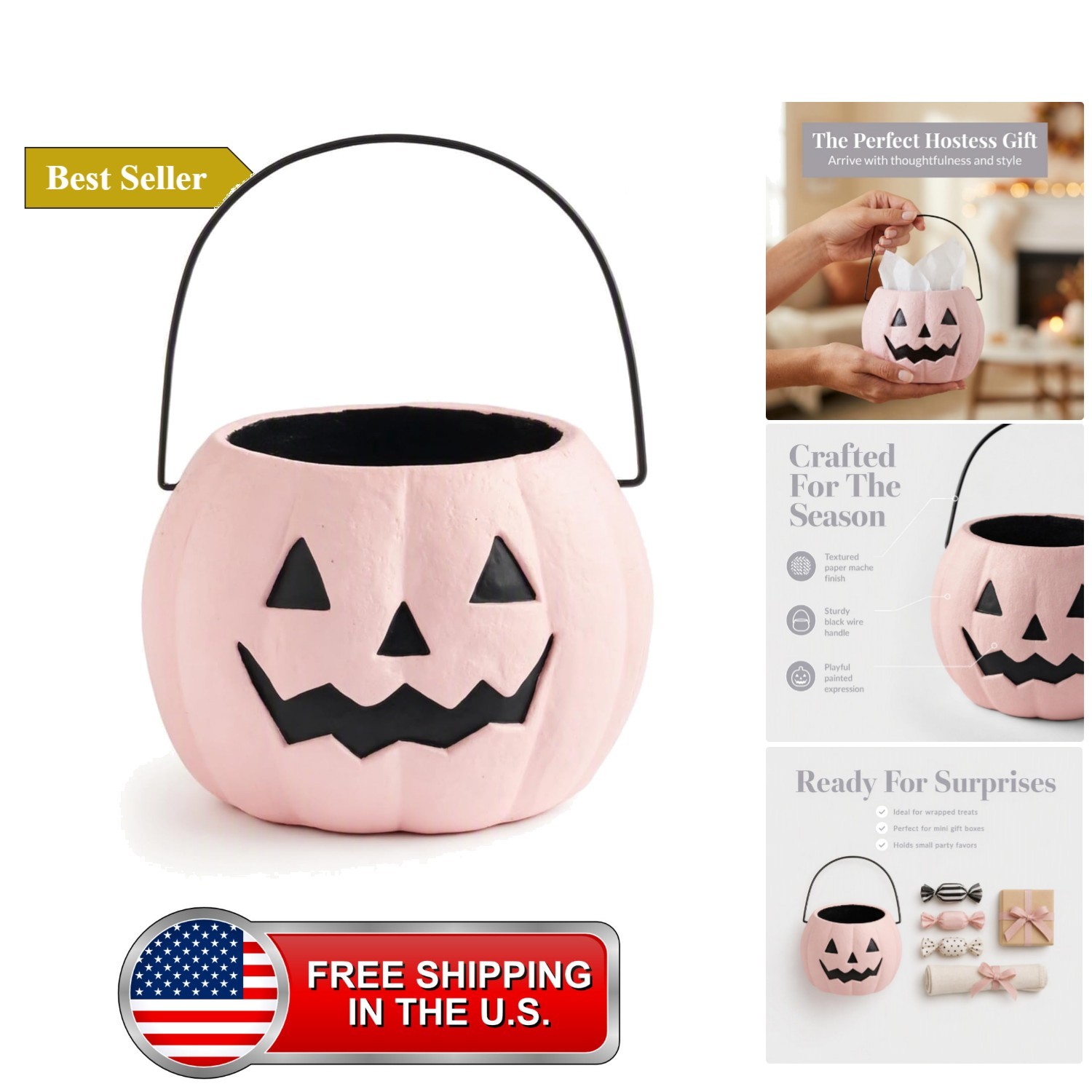 Mini Pink Jack O Lantern Bucket, Paper Mache Halloween Candy Dish Mini Pink Jack O Lantern Bucket, Paper Mache Halloween Candy Dish