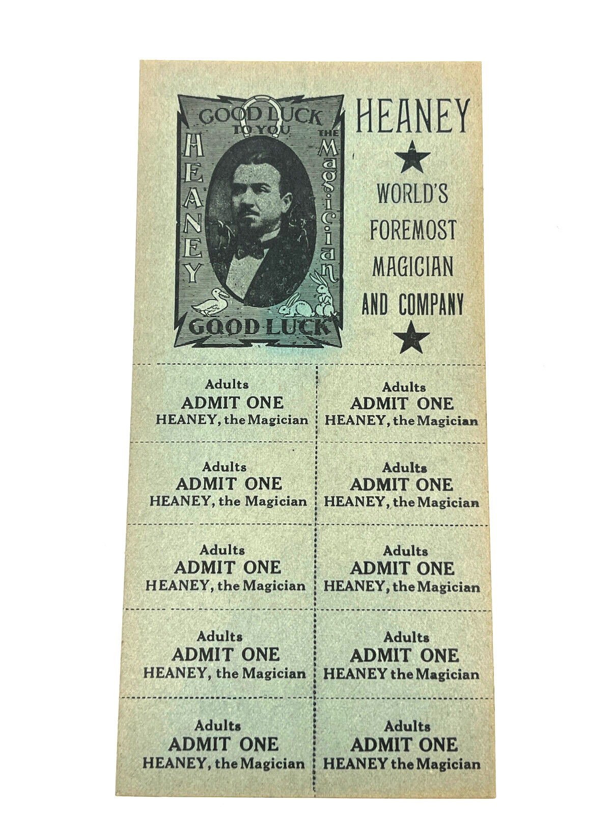 Antique 1930's Heaney Magician Unused Ticket Sheet GOOD LUCK advertising sign Antique 1930's Heaney Magician Unused Ticket Sheet GOOD LUCK advertising sign