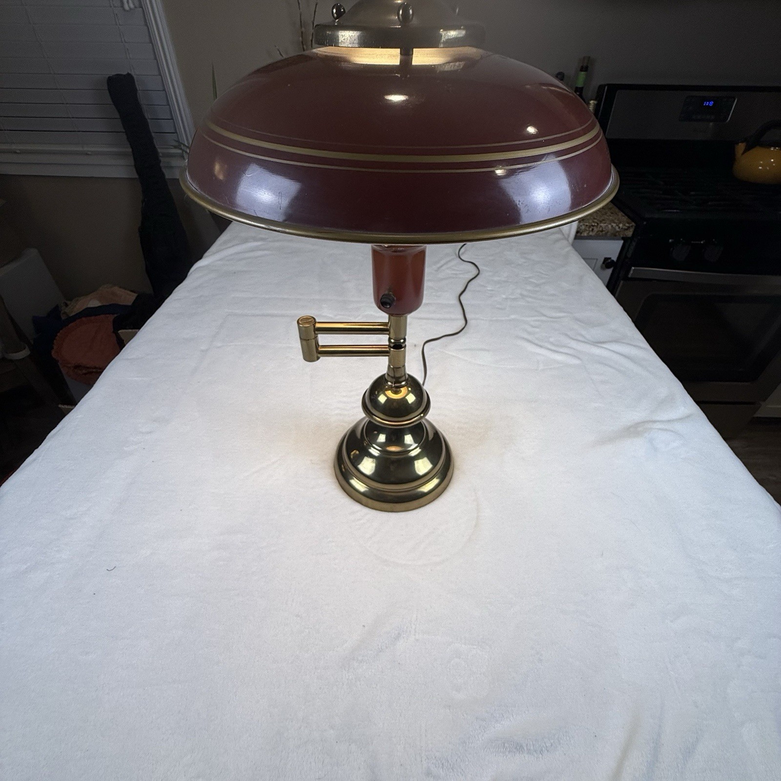 Vintage MCM Swing Arm Desk Lamp Burgundy Gold Dome Shade Brass Tone