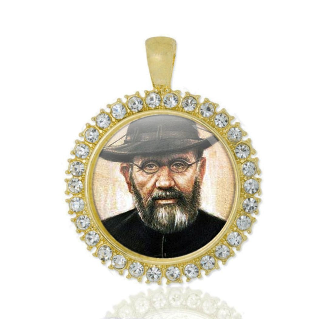 St Damien Of Molokai Christian Round Medal Gold Tone Pendant with Rhinestones