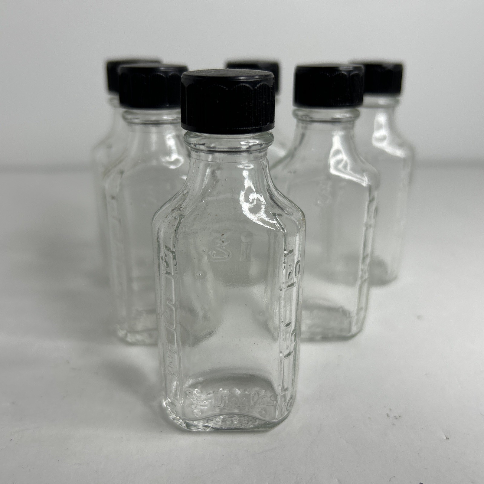 Vintage Duraglas 3i Clear 1 ounce Bottle with Black Cap OWENS Lot of 6 Vintage Duraglas 3i Clear 1 ounce Bottle with Black Cap OWENS Lot of 6