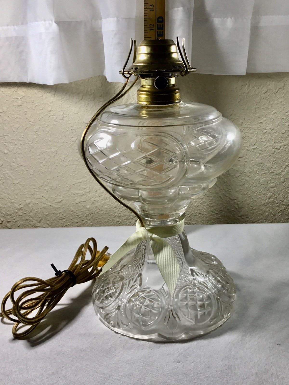 Fancy Clear Glass Table Pedestal Oil Lamp Converted to Electric - Vintage Fancy Clear Glass Table Pedestal Oil Lamp Converted to Electric - Vintage