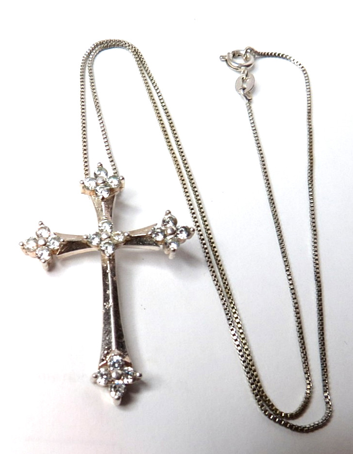 VTG STERLING SILVER S925 ZIRCONIA STONES CROSS PENDANT NECKLACE CHAIN 18\