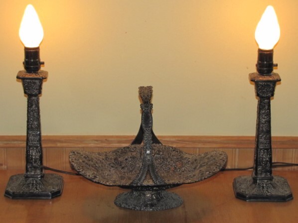 Antique Weidlich Bros. Dutch Repousse Candlestick Lamps & Barbour Brides Basket Antique Weidlich Bros. Dutch Repousse Candlestick Lamps & Barbour Brides Basket