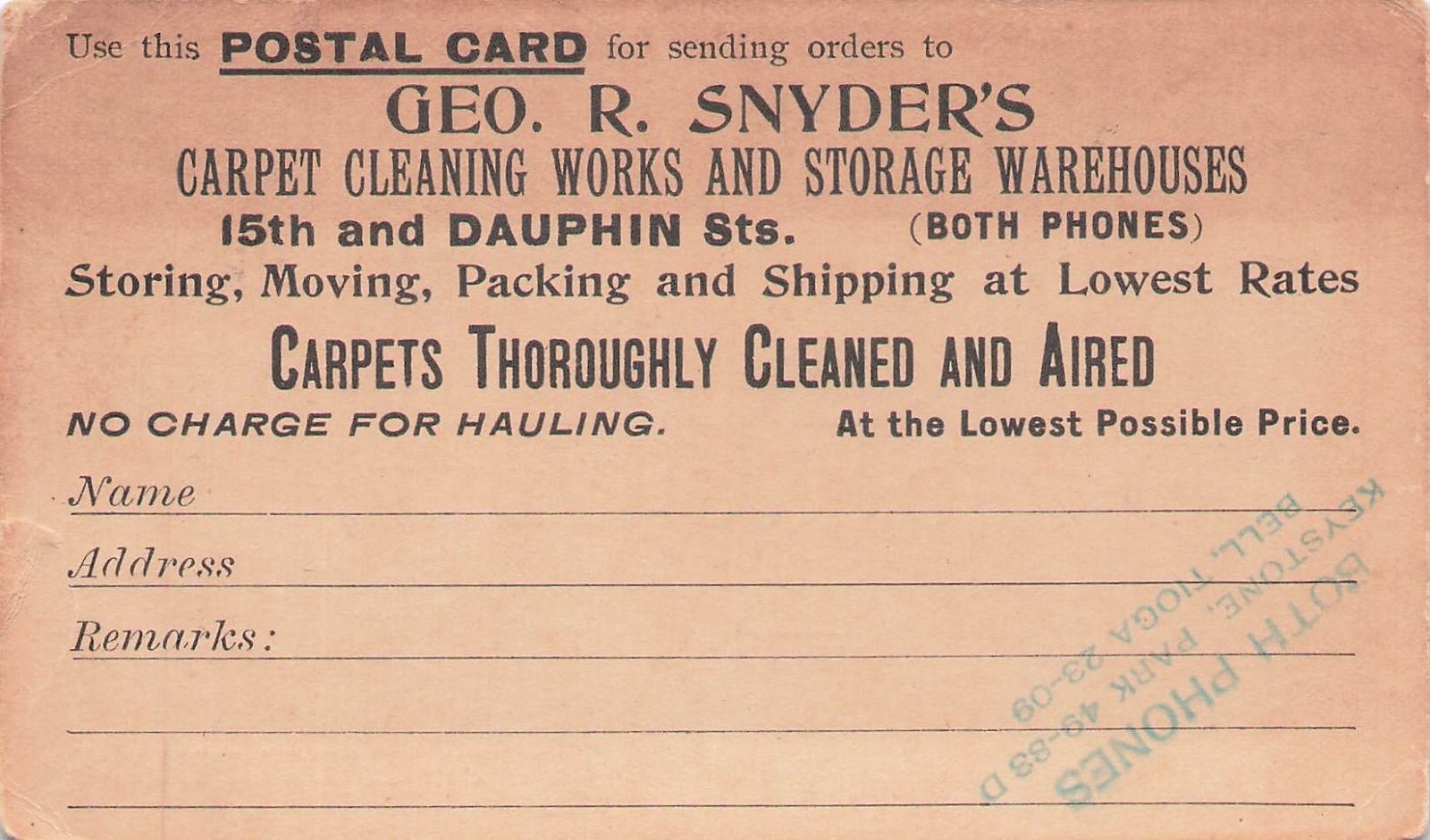 Geo. R. Snyder Carpet Cleaning Storage Warehouses 15th Dauphin Sts Postcard