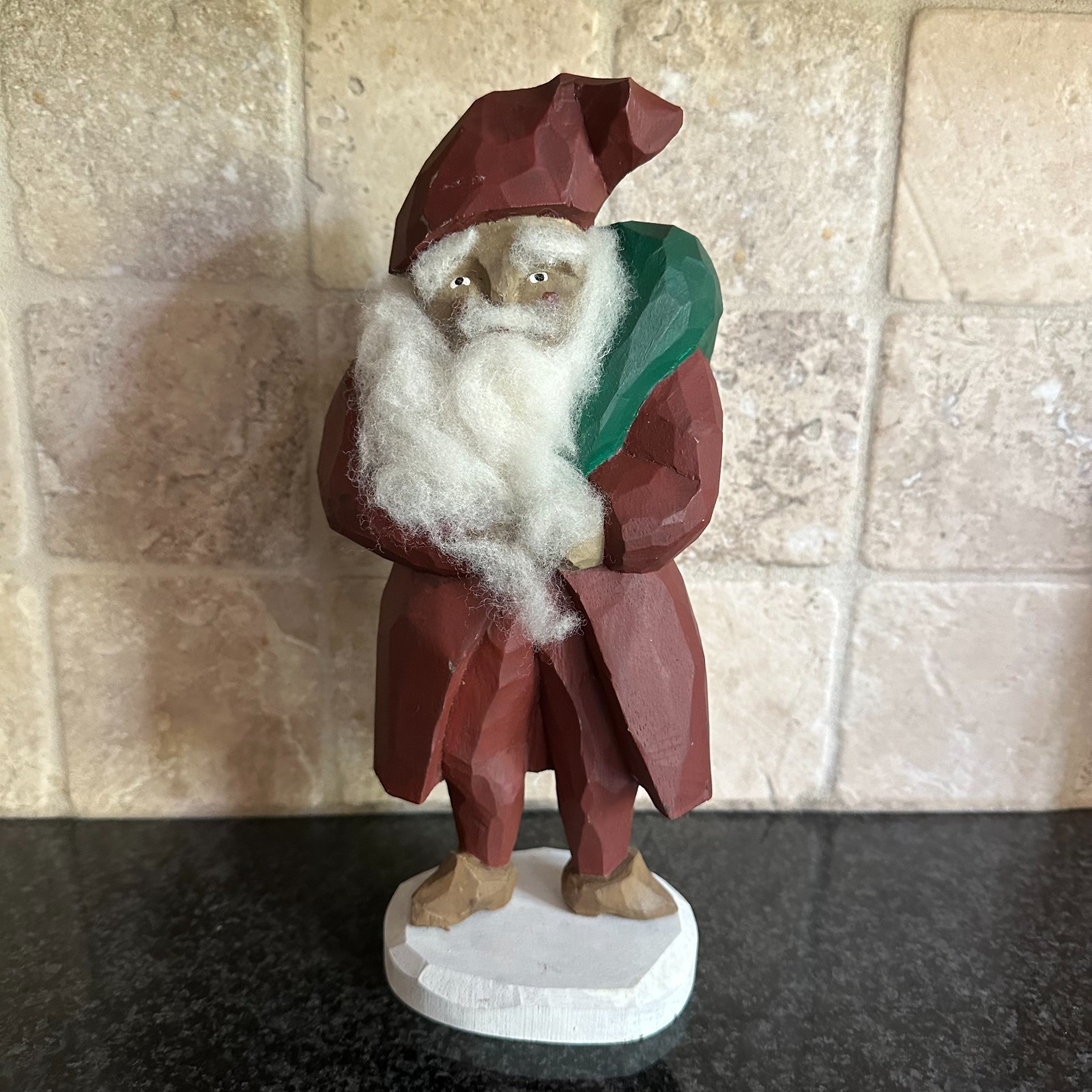 VTG Hand Carved Wood Belsnickel Santa Claus Figurine Wool Beard Rustic Folk Art