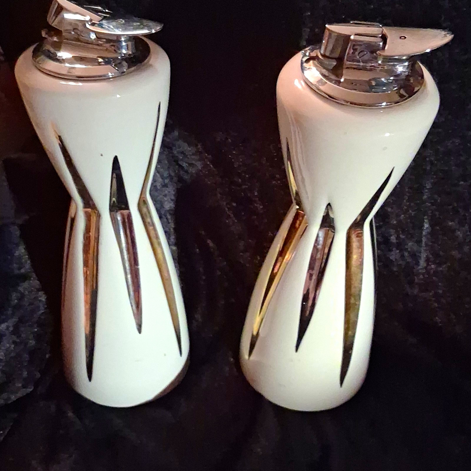 Ronson Pair White Ceramic Tabletop Lighters w/ Chrome Accents
