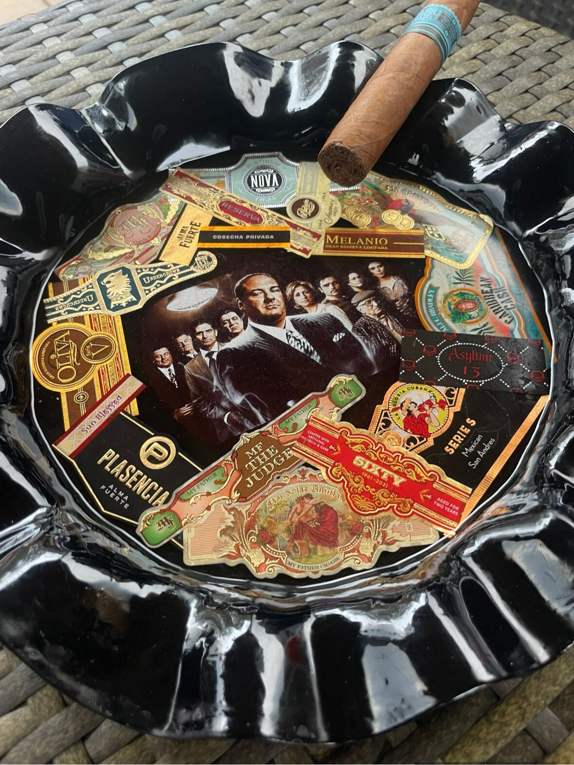 Soprano\'s Cigar Ashtray with Custom Cigar Band Collage - Handmade and Unique Soprano\'s Cigar Ashtray with Custom Cigar Band Collage - Handmade and Unique