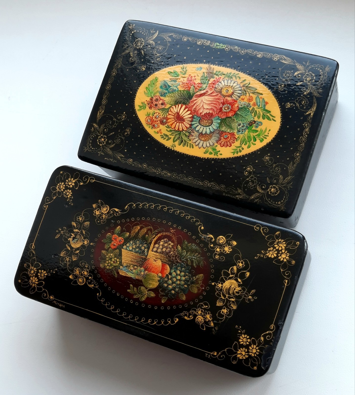Mstera 1960\'s Lacquer Box 2 Boxes Ornament  Vintage Handmade Palekh