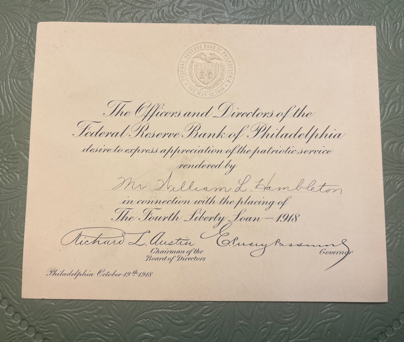 WWI 1918 Federal Reserve Bank 4th Liberty Loan Philadelphia Oct 19 1918 Signed