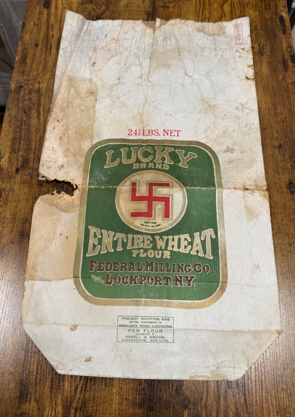 Antique Lucky Flour Brand Lockport NY Swastika Flour Sack 1909, Pre-WWII