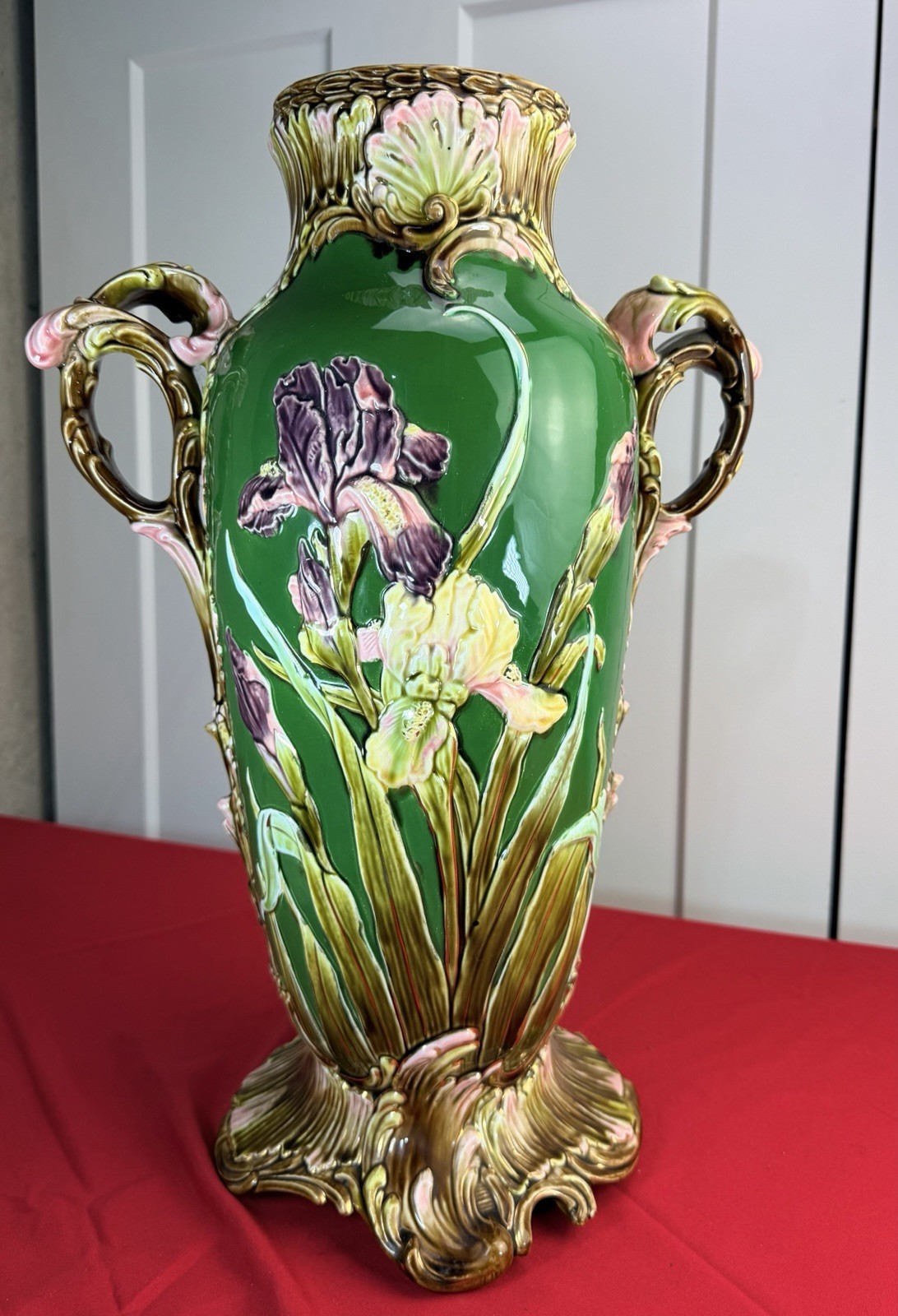 Antique French Majolica Barbotine Iris Vase 19” Art Nouveau Onnaing Era Floral
