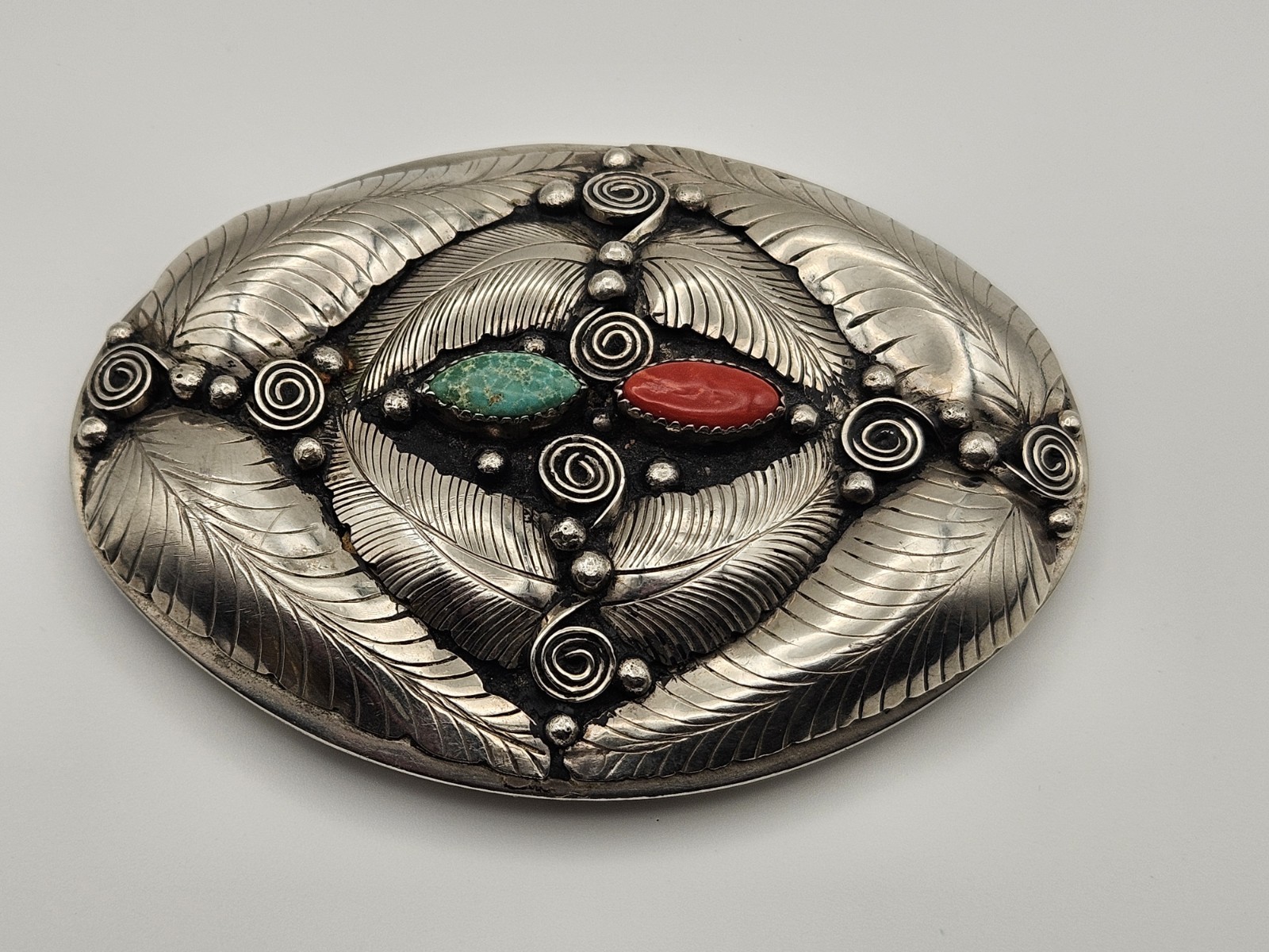 Handcrafted Native American belt buckle turquoise & coral accents alloy unknown Handcrafted Native American belt buckle turquoise & coral accents alloy unknown