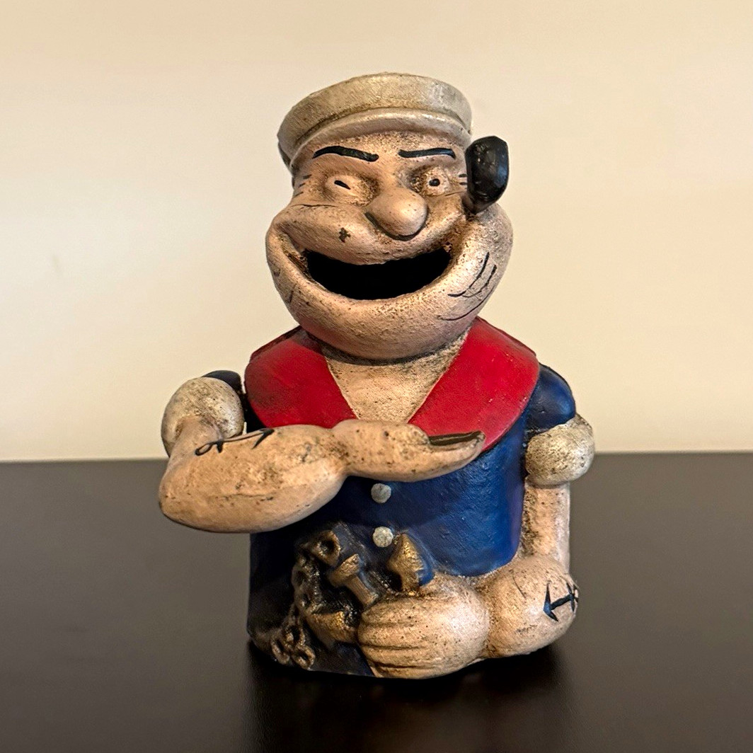 Vintage Cast Iron Popeye-Style Sailor Character Piggy Bank Coin Bank Blue Red