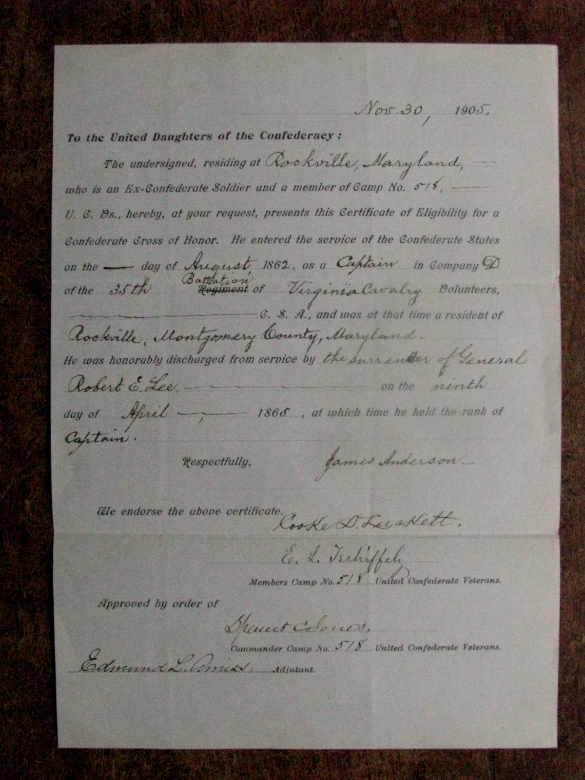 Captain James Anderson commanded Company D, 35th Virginia Cavalry Battalion, aka