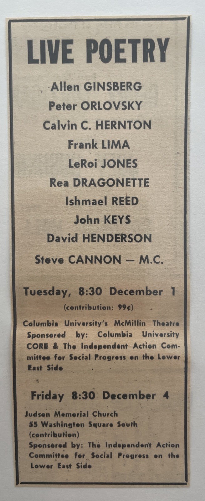 1964 Allen Ginsberg, Leroi Jones , McMillan Theatre N.Y. Live Poetry Reading Ad 1964 Allen Ginsberg, Leroi Jones , McMillan Theatre N.Y. Live Poetry Reading Ad