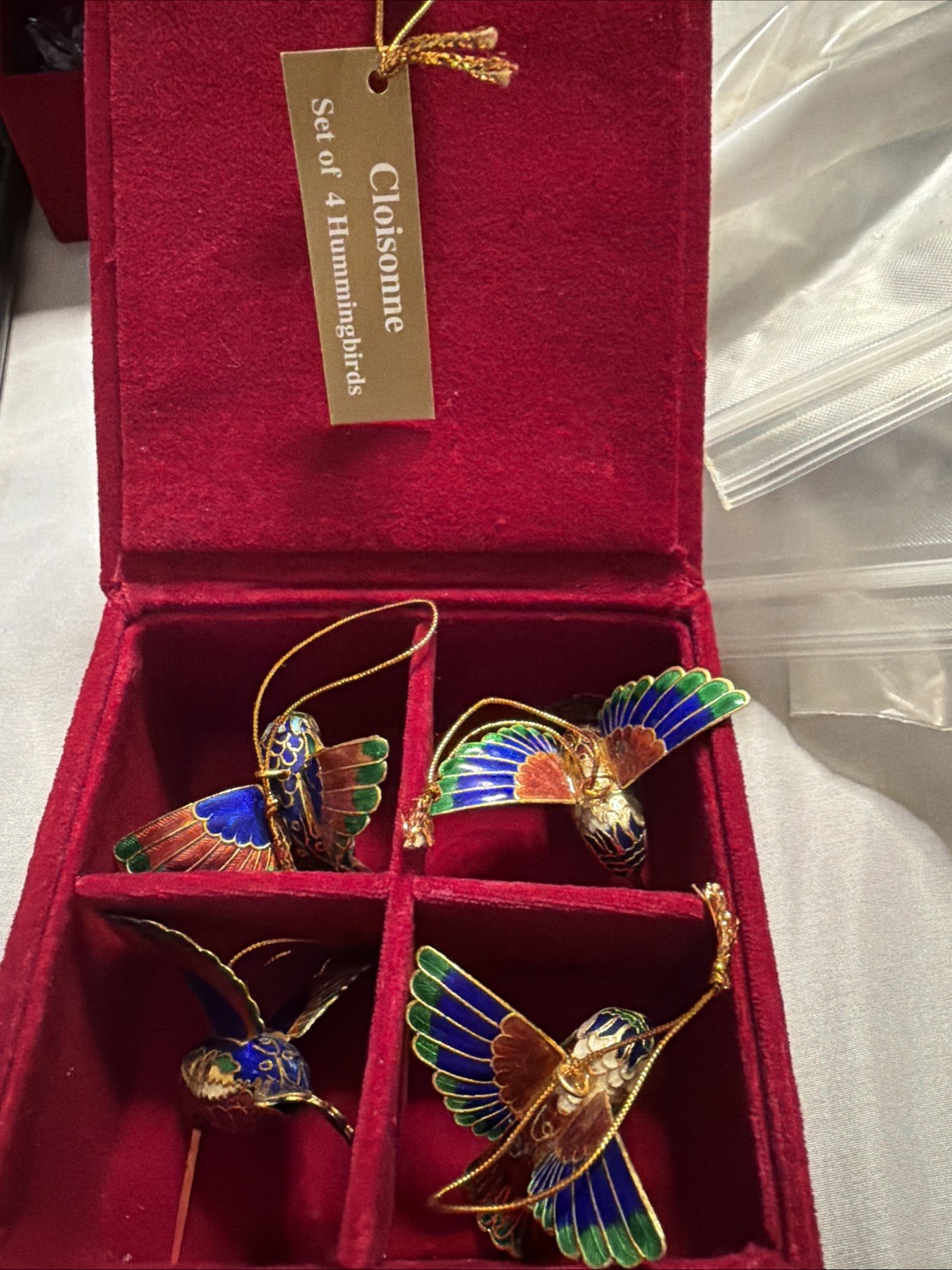 Vtg 1999 Dillard's Cloisonne Enamel Christmas Ornament Set 4 Hummingbirds Boxed