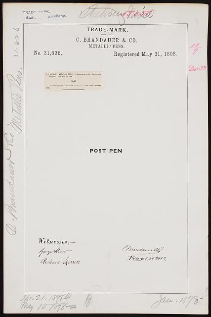 [Trademark registration by C. Brandauer & Co. for Post brand Metallic Pens]
