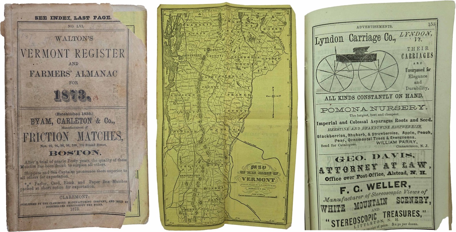 1873 antique VERMONT STATE BUSINESS DIRECTORY genealogy RAILROAD TIMETABLES ADS