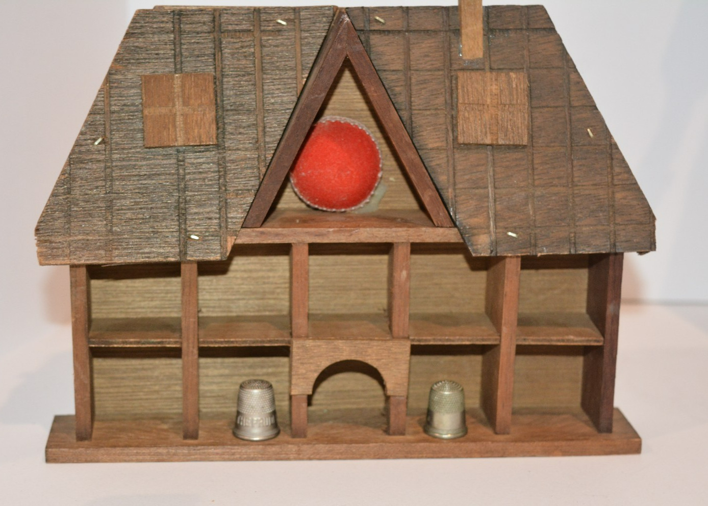 Vintage Wooden Thimble Display House w/ Pin Cushion, Rustic Folk Art, Sewing