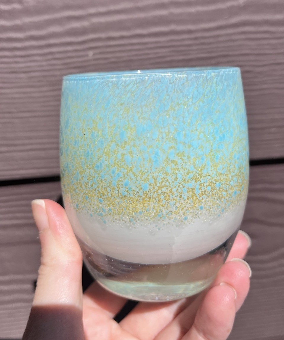 Above The Clouds Glassybaby - Turquoise Blue And Gold Frit - Worn Sticker Short